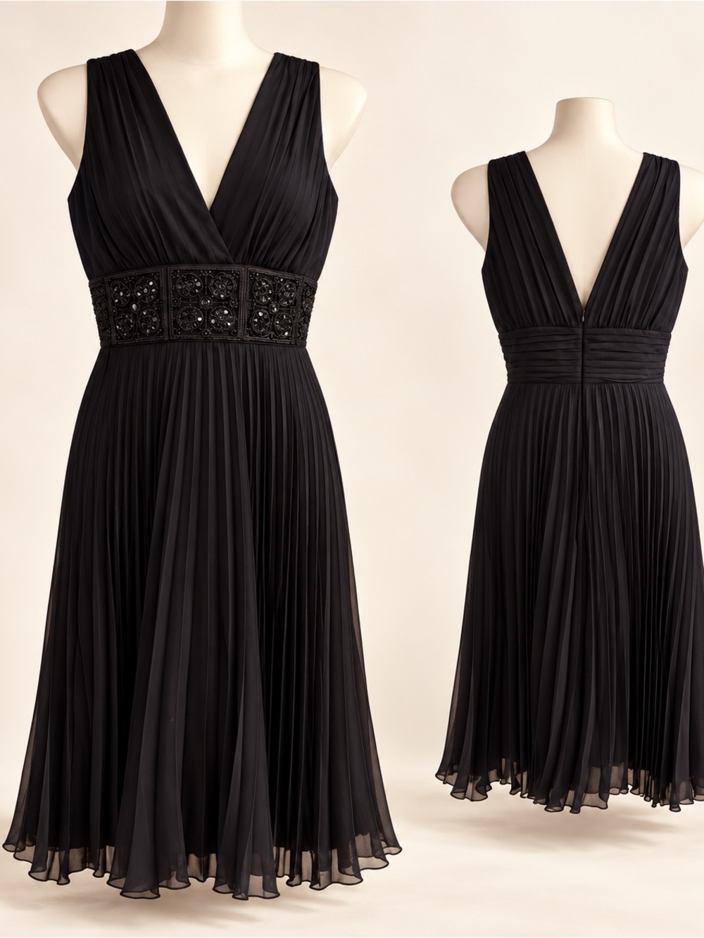 Y2K Black Silk Pleated Cocktail Dress Embellished Waist Tagged 8 Fits Sm